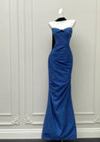 Elegant Blue Mermaid Strapless Satin Long Prom Dresses Formal Evening Gowns HZ1108