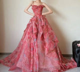 Gorgeous Red A-Line Strapless Printed Tulle Wedding Dress Sweet Long Prom Dresses HZ1108