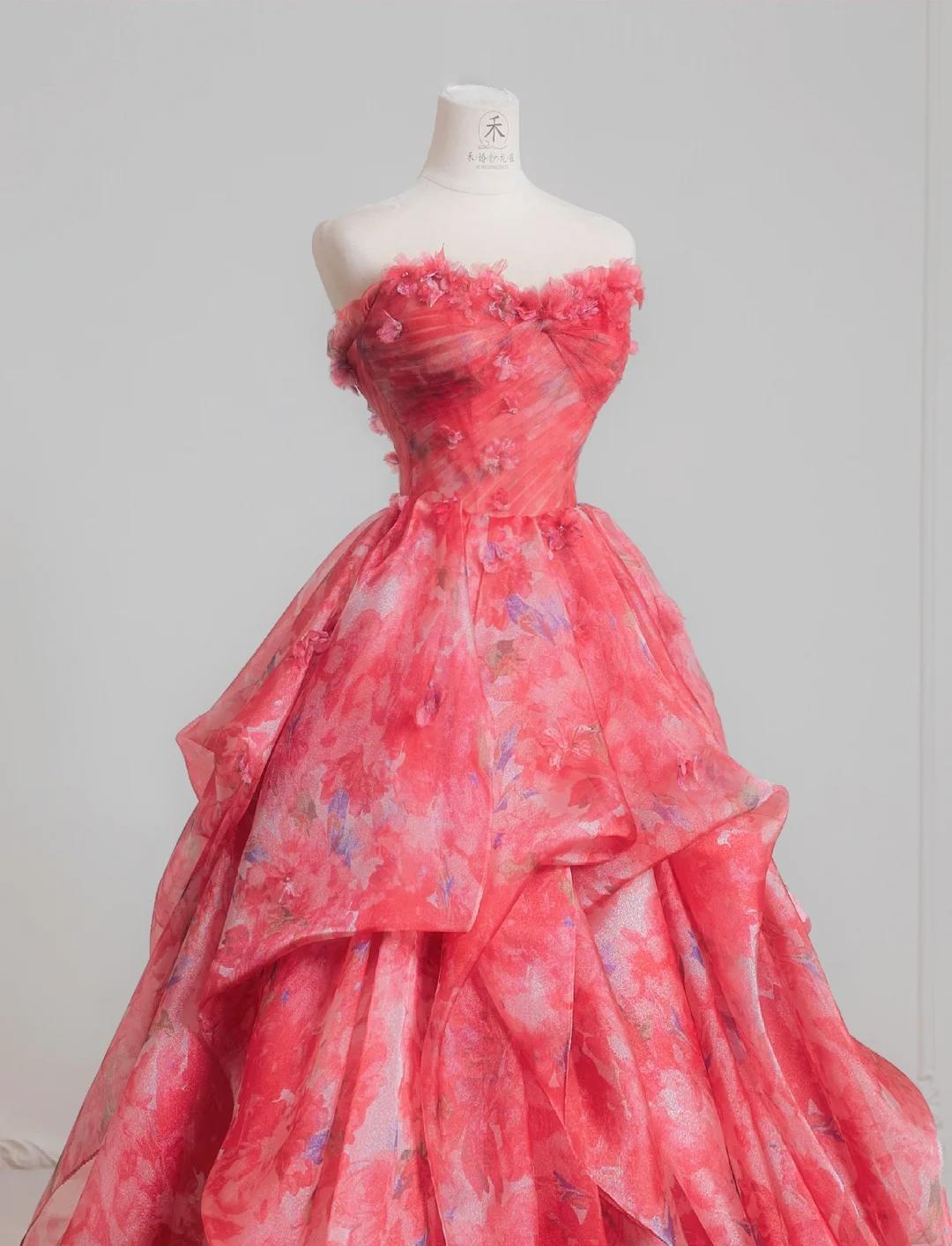 Gorgeous Red A-Line Strapless Printed Tulle Wedding Dress Sweet Long Prom Dresses HZ1108