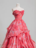 Gorgeous Red A-Line Strapless Printed Tulle Wedding Dress Sweet Long Prom Dresses HZ1108