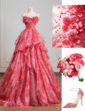 Gorgeous Red A-Line Strapless Printed Tulle Wedding Dress Sweet Long Prom Dresses HZ1108