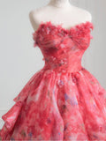 Gorgeous Red A-Line Strapless Printed Tulle Wedding Dress Sweet Long Prom Dresses HZ1108