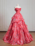 Gorgeous Red A-Line Strapless Printed Tulle Wedding Dress Sweet Long Prom Dresses HZ1108