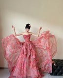 Gorgeous Red A-Line Strapless Printed Tulle Wedding Dress Sweet Long Prom Dresses HZ1108
