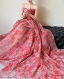 Gorgeous Red A-Line Strapless Printed Tulle Wedding Dress Sweet Long Prom Dresses HZ1108