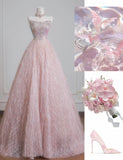 Sweet Pink Strapless Beaded Tulle Wedding Dress, A-Line Long Prom Dresses HZ1108