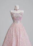 Sweet Pink Strapless Beaded Tulle Wedding Dress, A-Line Long Prom Dresses HZ1108