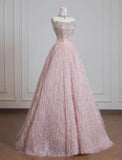 Sweet Pink Strapless Beaded Tulle Wedding Dress, A-Line Long Prom Dresses HZ1108