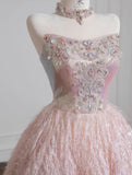 Sweet Pink Strapless Beaded Tulle Wedding Dress, A-Line Long Prom Dresses HZ1108