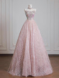 Sweet Pink Strapless Beaded Tulle Wedding Dress, A-Line Long Prom Dresses HZ1108