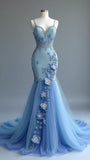 Gorgeous Blue Spaghetti Straps Mermaid Tulle Beaded Long Prom Dresses Formal Evening Gowns HZ1108