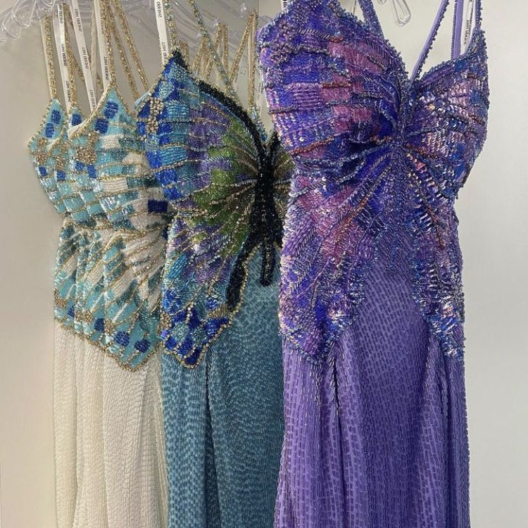 Vintage Purple Chiffon Beaded Sheath Elegant Backless Prom Dresses with Slits HZ1108