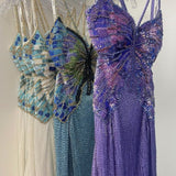 Vintage Purple Chiffon Beaded Sheath Elegant Backless Prom Dresses with Slits HZ1108