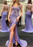Vintage Purple Chiffon Beaded Sheath Elegant Backless Prom Dresses with Slits HZ1108