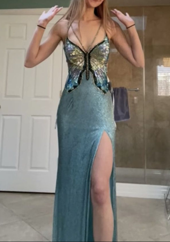 Vintage Purple Chiffon Beaded Sheath Elegant Backless Prom Dresses with Slits HZ1108