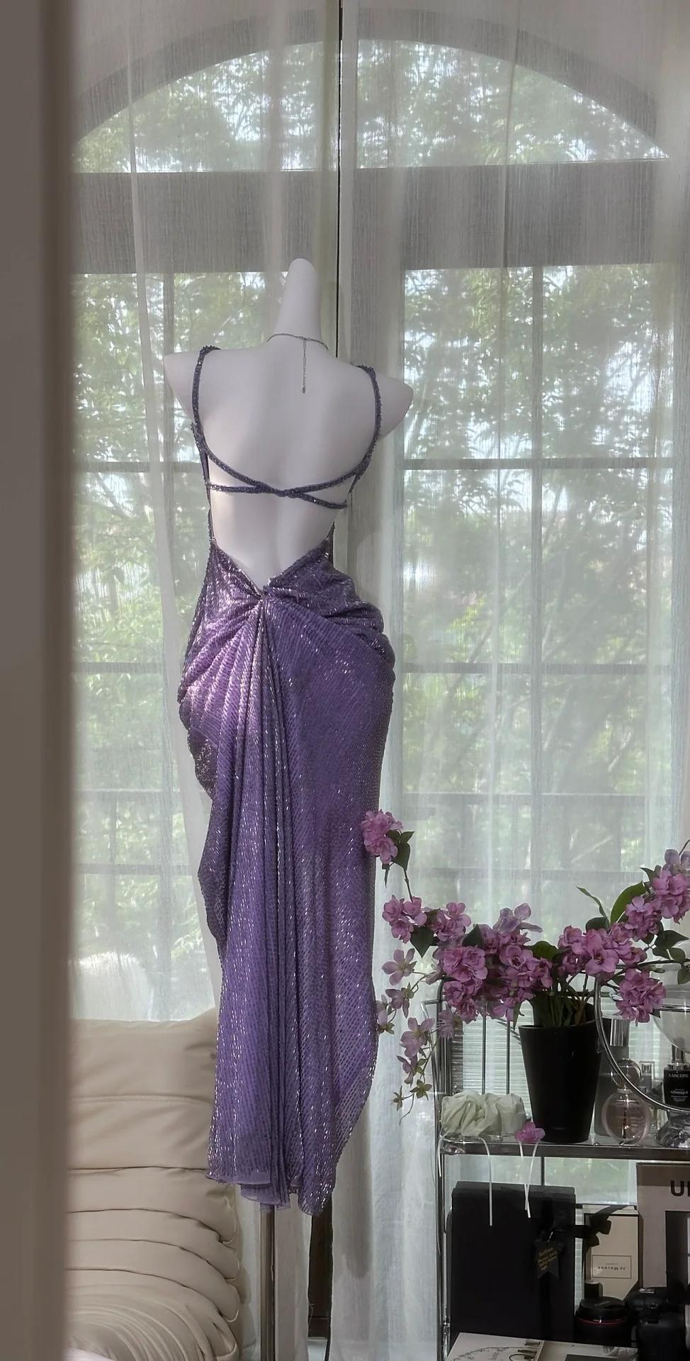 Vintage Purple Chiffon Beaded Sheath Elegant Backless Prom Dresses with Slits HZ1108