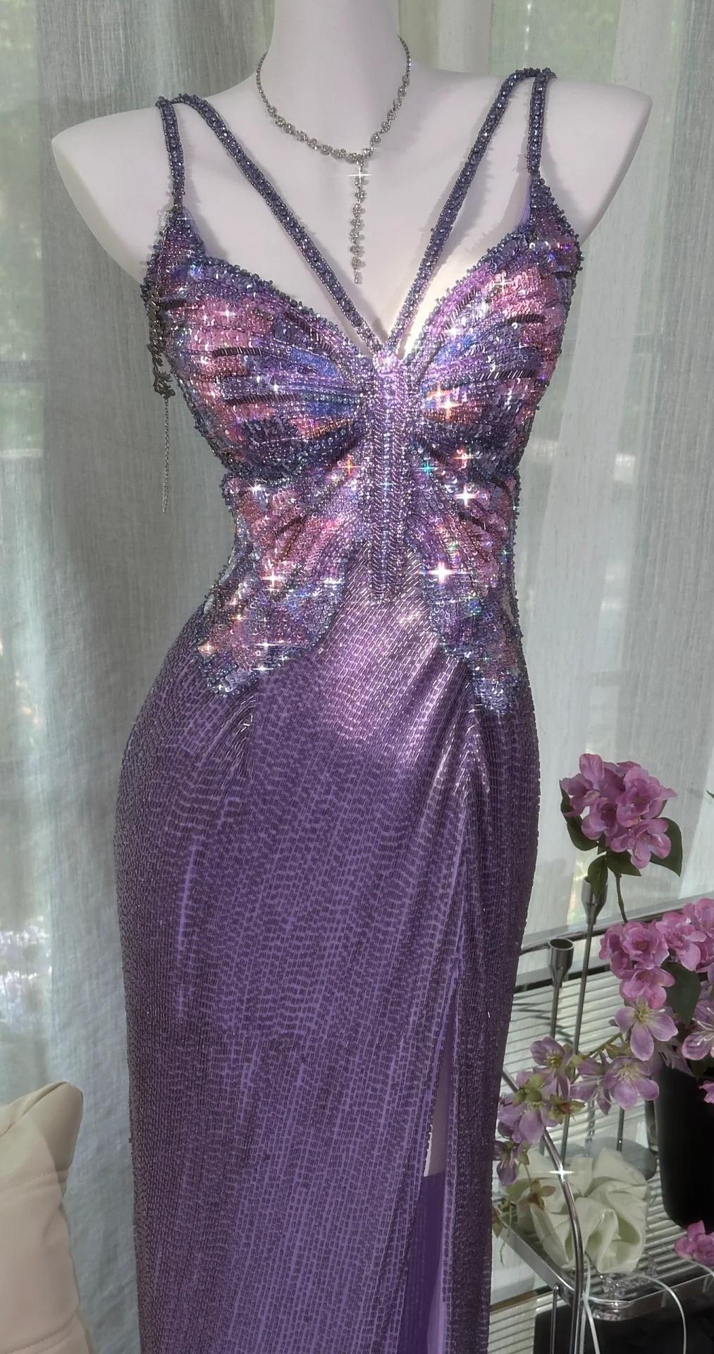 Vintage Purple Chiffon Beaded Sheath Elegant Backless Prom Dresses with Slits HZ1108