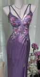 Vintage Purple Chiffon Beaded Sheath Elegant Backless Prom Dresses with Slits HZ1108