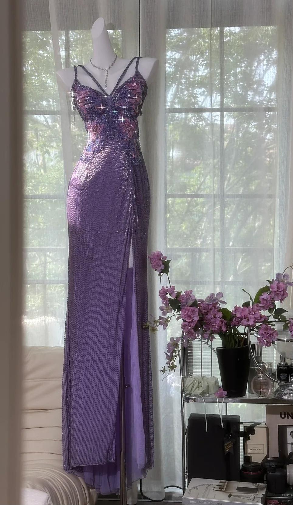 Vintage Purple Chiffon Beaded Sheath Elegant Backless Prom Dresses with Slits HZ1108