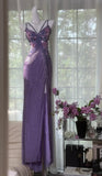 Vintage Purple Chiffon Beaded Sheath Elegant Backless Prom Dresses with Slits HZ1108
