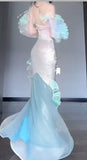 Gorgeous Ice Blue Mermaid Tulle Mask Prom Dresses Sparkling Sequin Evening Gowns HZ1108