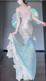 Gorgeous Ice Blue Mermaid Tulle Mask Prom Dresses Sparkling Sequin Evening Gowns HZ1108