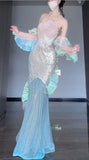 Gorgeous Ice Blue Mermaid Tulle Mask Prom Dresses Sparkling Sequin Evening Gowns HZ1108