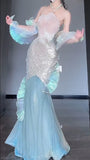 Gorgeous Ice Blue Mermaid Tulle Mask Prom Dresses Sparkling Sequin Evening Gowns HZ1108