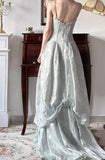 Vintage Spaghetti Straps Jacquard Satin A-Line Long Prom Dresses Sweet Backless Evening Gowns HZ1108