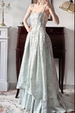 Vintage Spaghetti Straps Jacquard Satin A-Line Long Prom Dresses Sweet Backless Evening Gowns HZ1108