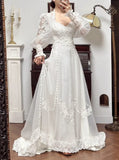 Elegant A-Line V-neck Long Sleeve Embroidered Applique Tulle Long Sleeve Vintage Wedding Dress HZ1108