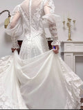 Elegant A-Line V-neck Long Sleeve Embroidered Applique Tulle Long Sleeve Vintage Wedding Dress HZ1108