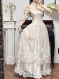 Sweet Light Champagne Off-the-shoulder A-Line Princess Prom Dresses Chiffon Lace Vintage Wedding Dress HZ1108