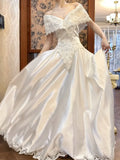 Elegant Royal Pearl White Off-the-shoulder Satin Lace Beaded A-Line Vintage Wedding Dress HZ1108