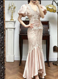 Fairytale Satin Lace Mermaid V-neck Prom Dresses, Beautiful Vintage Evening Gowns HZ1108
