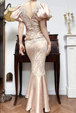 Fairytale Satin Lace Mermaid V-neck Prom Dresses, Beautiful Vintage Evening Gowns HZ1108