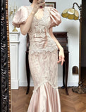 Fairytale Satin Lace Mermaid V-neck Prom Dresses, Beautiful Vintage Evening Gowns HZ1108