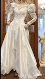 Pearl White Scoop Neck Satin Long Sleeve Beaded Lace Applique Open Back Train Vintage Wedding Dress HZ1108