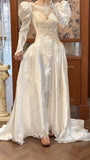 Pearl White Scoop Neck Satin Long Sleeve Beaded Lace Applique Open Back Train Vintage Wedding Dress HZ1108