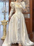 Pearl White Scoop Neck Satin Long Sleeve Beaded Lace Applique Open Back Train Vintage Wedding Dress HZ1108