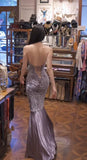 Gray Purple V-neck Mermaid Jacquard Satin Fashion Dresses Elegant Backless Prom Dresses HZ1108