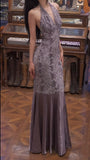 Gray Purple V-neck Mermaid Jacquard Satin Fashion Dresses Elegant Backless Prom Dresses HZ1108