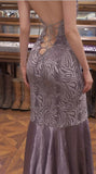 Gray Purple V-neck Mermaid Jacquard Satin Fashion Dresses Elegant Backless Prom Dresses HZ1108
