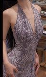 Gray Purple V-neck Mermaid Jacquard Satin Fashion Dresses Elegant Backless Prom Dresses HZ1108