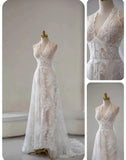 Elegant White Lace Applique Beaded A-line Vintage Wedding Dress HZ1108