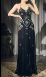 Elegant Black V-neck Sheath Long Prom Dresses Chiffon Beading Open Back Evening Gowns with Slit HZ1108