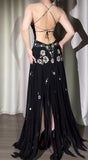 Elegant Black V-neck Sheath Long Prom Dresses Chiffon Beading Open Back Evening Gowns with Slit HZ1108