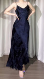 Vintage Navy Blue Jacquard Satin Spaghetti Strap Sheath Prom Dresses Shiny Beaded Evening Gowns HZ1108