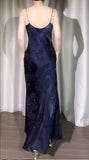 Vintage Navy Blue Jacquard Satin Spaghetti Strap Sheath Prom Dresses Shiny Beaded Evening Gowns HZ1108
