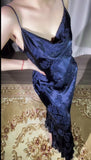 Vintage Navy Blue Jacquard Satin Spaghetti Strap Sheath Prom Dresses Shiny Beaded Evening Gowns HZ1108